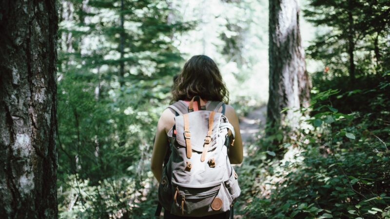 A female hiker with dark hair stands amidst out-of-focus trees, looking away from the camera and wearing a backpack.